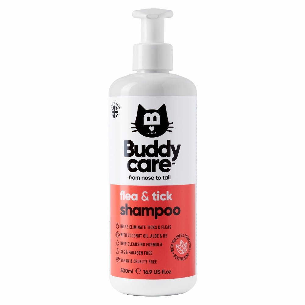 Buddycare Flea and Tick Cat Shampoo 500ml white pump bottle with coral red label and cat logo