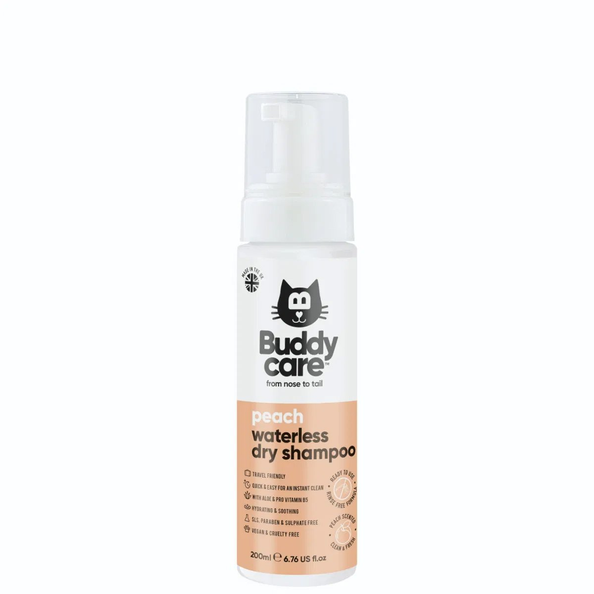 Buddycare Peach Waterless Dry Cat Shampoo 200ml white foam pump bottle with peach label