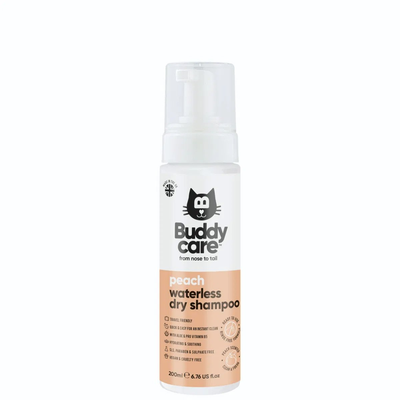 Buddycare Peach Waterless Dry Cat Shampoo 200ml white foam pump bottle with peach label