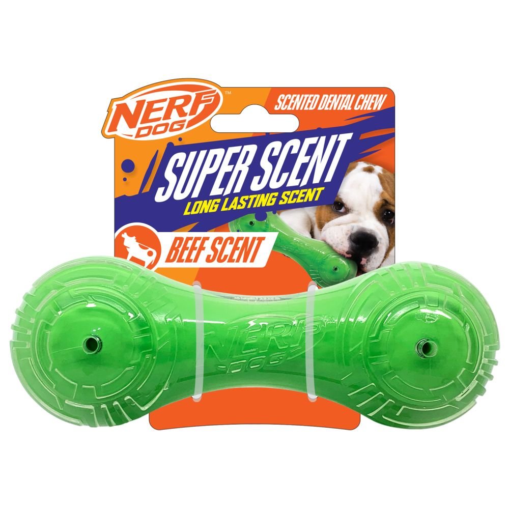 Nerf Dog Super Scent Dental Chew Barbell 7in – Beef Scent Tough Chew Toy