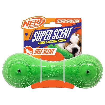 Nerf Dog Super Scent Dental Chew Barbell 7in – Beef Scent Tough Chew Toy.