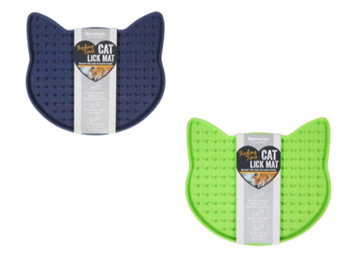 Cat head shaped lick mats in two bright colours – enrichment mats for cats with strong suction base.
