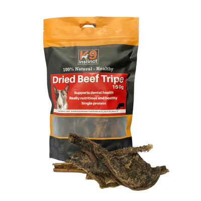 K9 Instinct Dried Beef Tripe 150g – natural high-protein dog treat with probiotics and digestive enzymes for gut health, suitable for puppies and adults.
