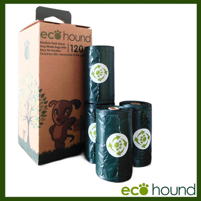Ecohound 120 biodegradable dog poo bags in dark green, boxed with easy-tie handles and recyclable rolls, eco-friendly pet waste solution