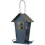 Blue bird feeder for seed with a brown roof on a white background
