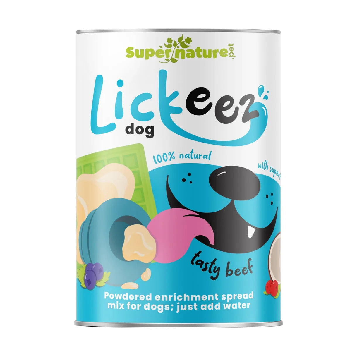 Supernature Lickeez dog enrichment powder in beef flavour – 100% natural powdered spread mix for dogs, shown in blue and white packaging with illustrated dog face and enrichment toy.