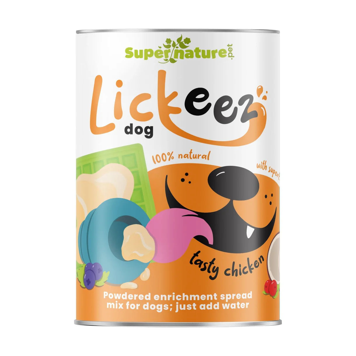 Lickeez tasty chicken enrichment mix for dogs by Supernature – all-natural powdered dog treat in orange and white tin with enrichment toy illustration.