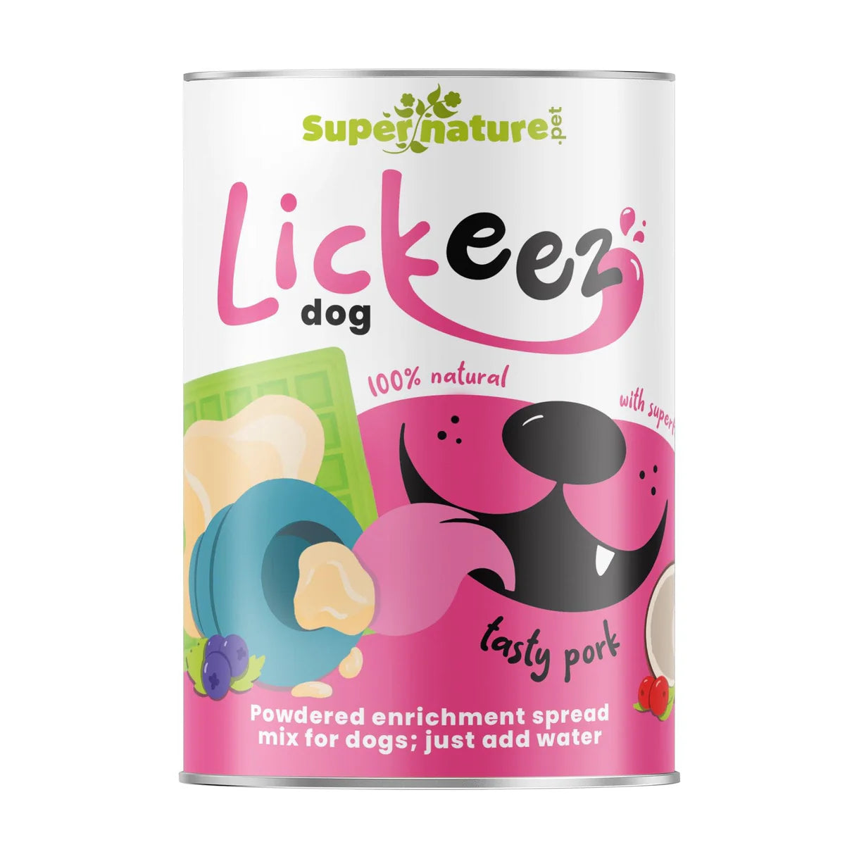 Supernature Lickeez pork flavour enrichment powder for dogs – natural lick mat and toy filler mix in vibrant pink can with playful pet-themed design.