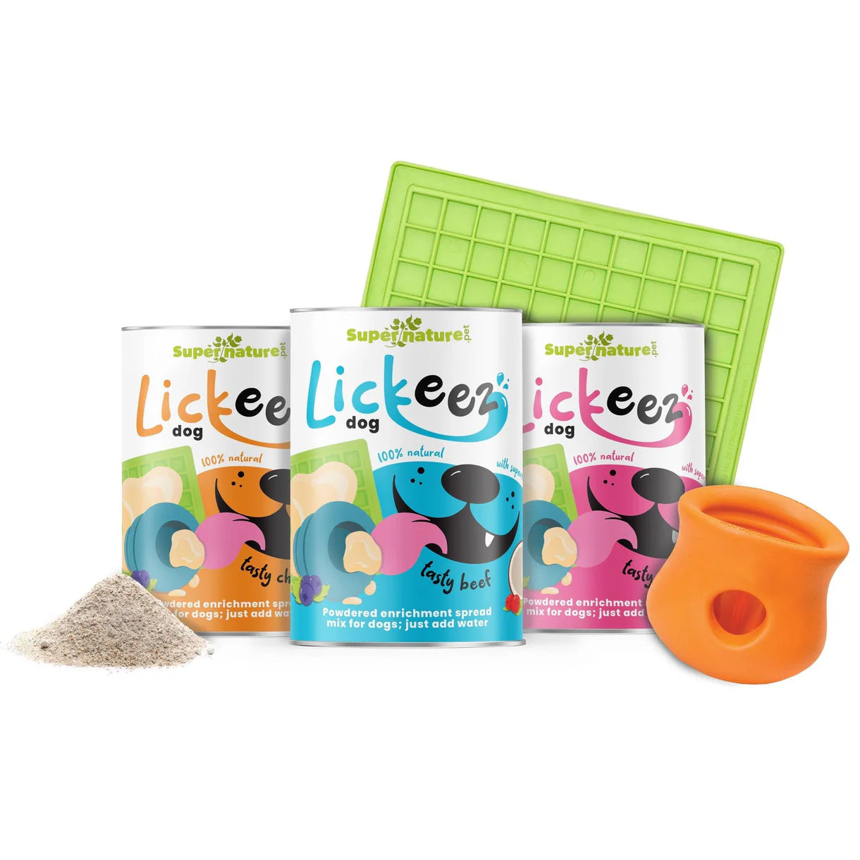 Lickeez dog enrichment spread trio with beef, chicken, and pork powders shown alongside a green lick mat and orange treat toy, perfect for mental stimulation and natural enrichment
