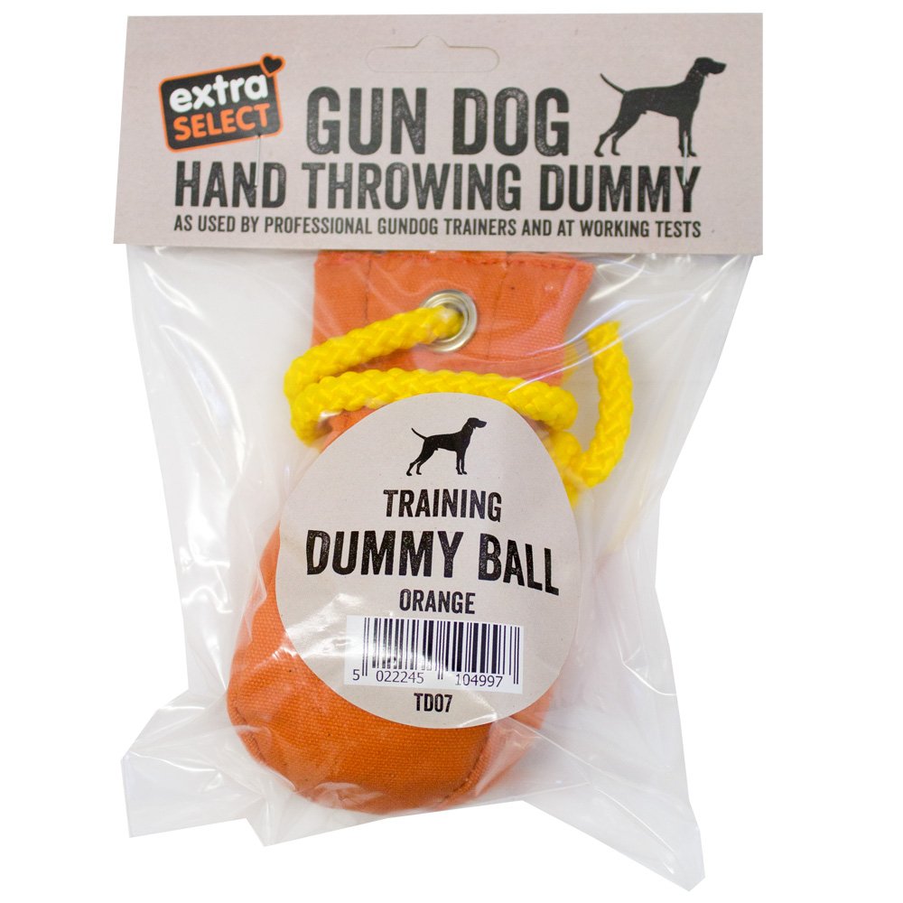 Orange training dummy ball with yellow rope, branded 'Extra Select', in clear packaging.