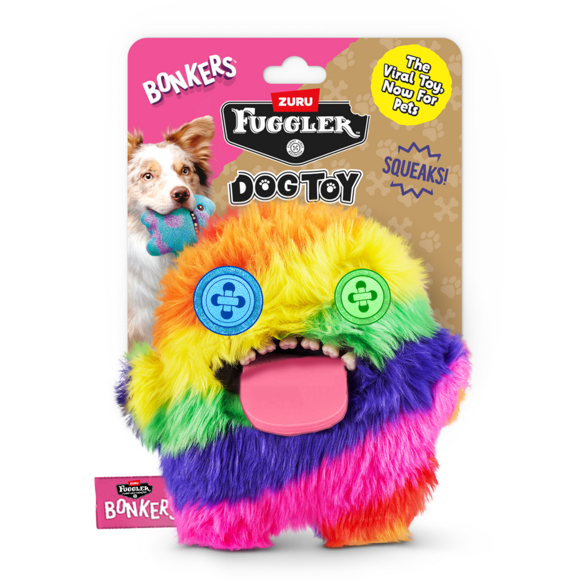 Fuggler Oogah Boogah rainbow plush squeaky dog toy in BONKERS packaging