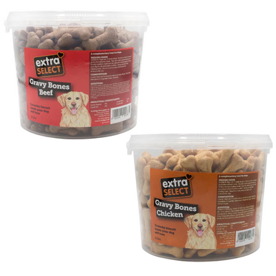 Extra Select Gravy Bones Dog Treats in 3L buckets – Chicken and Beef flavour crunchy biscuit bones, resealable tubs, perfect for training and daily rewards