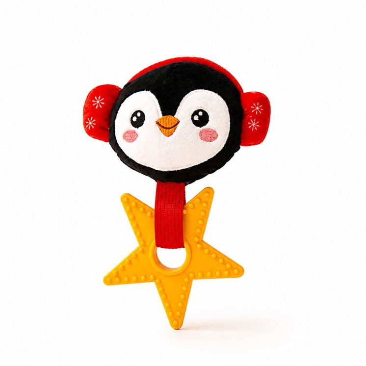 Great&Small Christmas Chilly Penguin small dog toy with red earmuffs and a yellow textured star