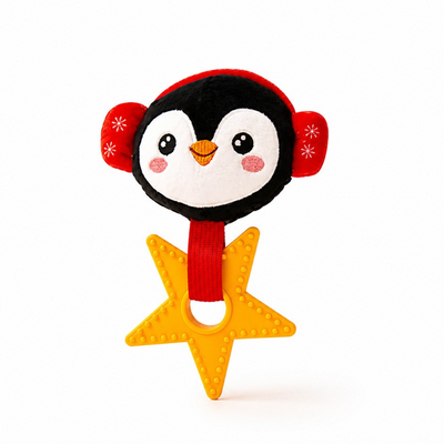 Great&Small Christmas Chilly Penguin small dog toy with red earmuffs and a yellow textured star