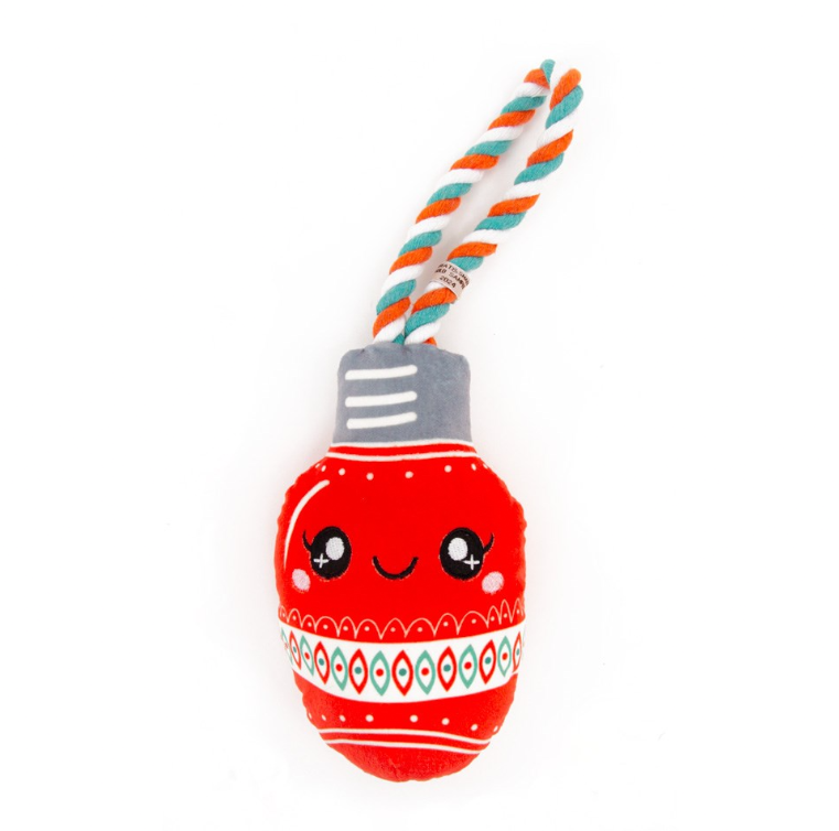 Great&Small Christmas Holiday Red Bulb dog toy with a smiling red plush bulb, grey cap and orange, white and teal rope loop.