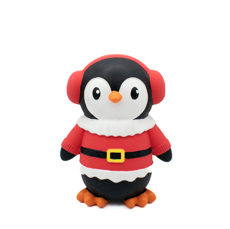 Great&Small Christmas Latex Chilly Penguin dog toy with red earmuffs, a red Santa-style coat, white trim and orange beak and feet