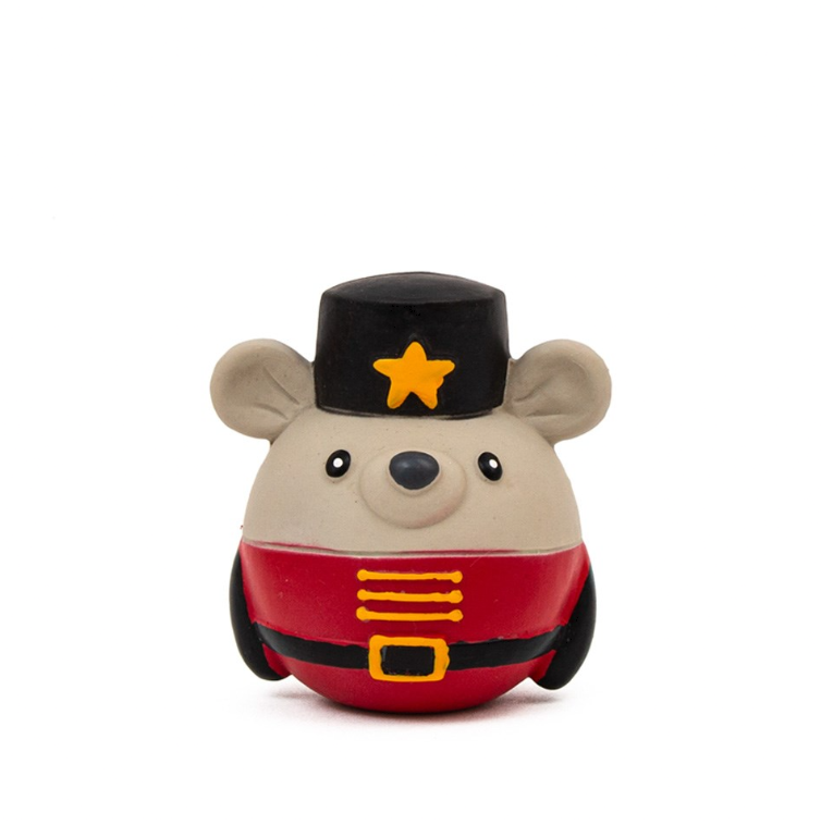 Great&Small Christmas Latex Nutcracker Mouse dog toy with tan face and round ears, red uniform and black hat with a yellow star.