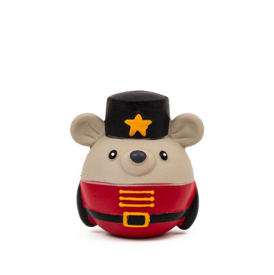 Great&Small Christmas Latex Nutcracker Mouse dog toy with tan face and round ears, red uniform and black hat with a yellow star.