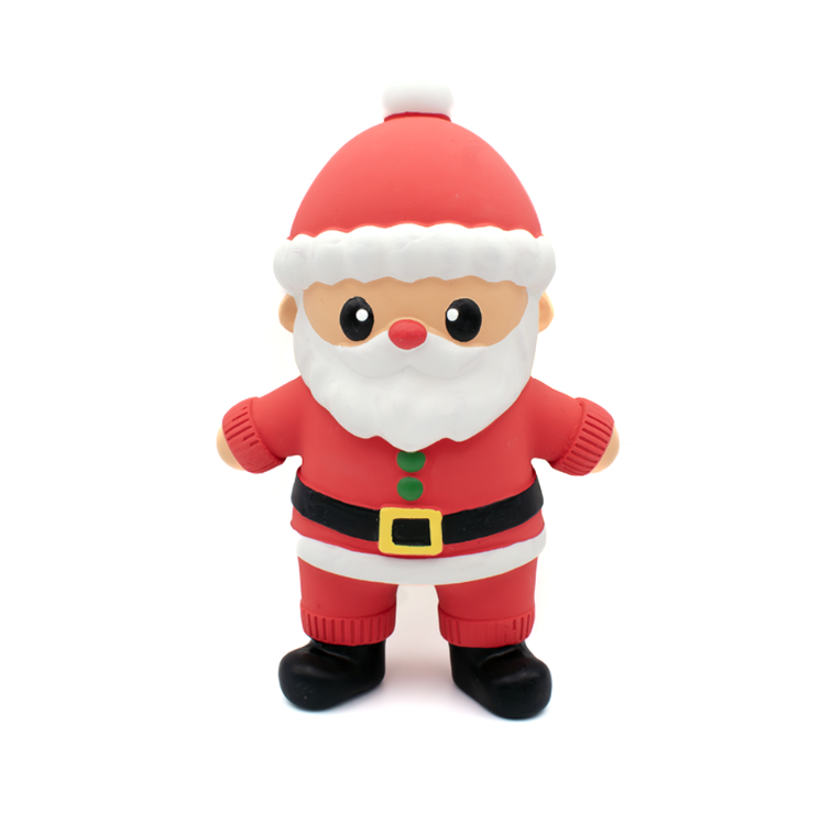 Great&Small Christmas Latex Santa Claus dog toy in a red suit and hat, with a white beard, green buttons and black belt with a yellow buckle.