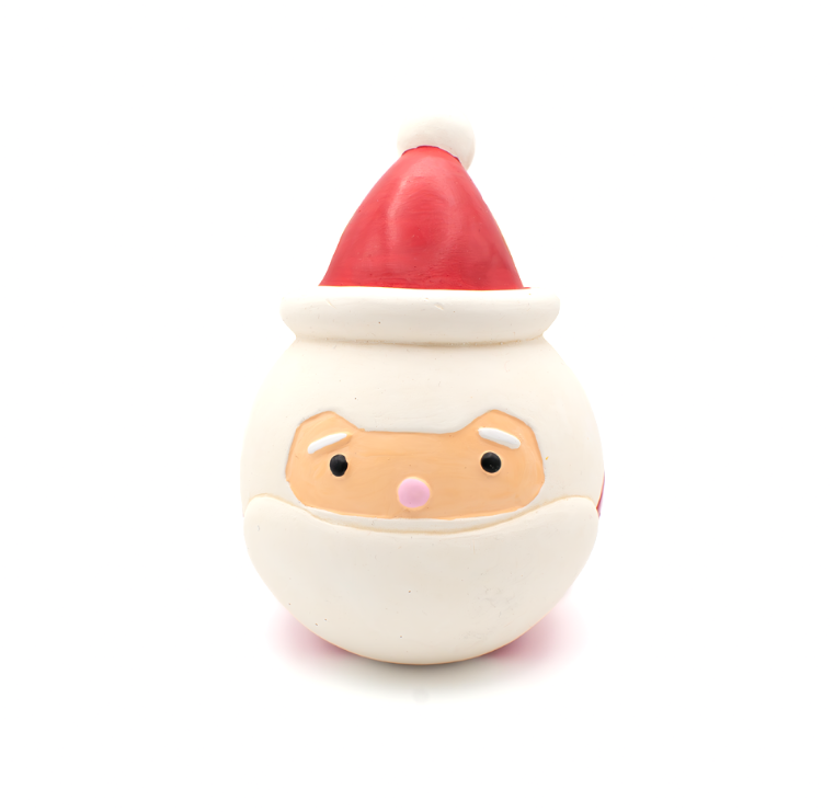 Great&Small Christmas Latex Santa Face dog toy with a red hat, white beard, peach-coloured face, black eyes and pink nose.