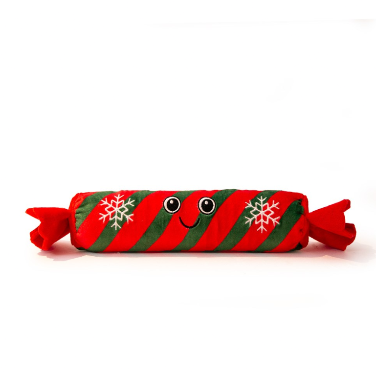 Great&Small Christmas Noisy Cracker dog toy with red and green stripes, white snowflakes and an embroidered smiling face
