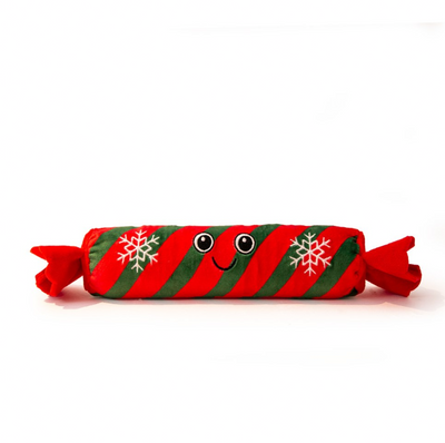 Great&Small Christmas Noisy Cracker dog toy with red and green stripes, white snowflakes and an embroidered smiling face