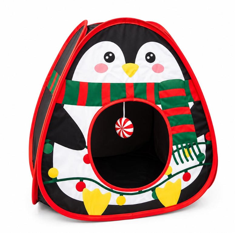 Great&Small Christmas Penguin Playhouse cat tent with a red and green scarf design, round entrance and hanging red and white ball