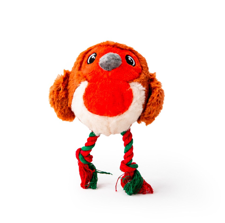 Great&Small Christmas Robin plush dog toy with a red breast and red and green rope legs