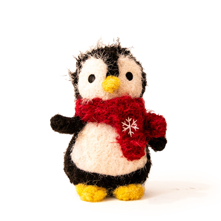 Great&Small Cosy Winter Wishes Penguin plush dog toy with a red snowflake scarf and yellow beak and feet
