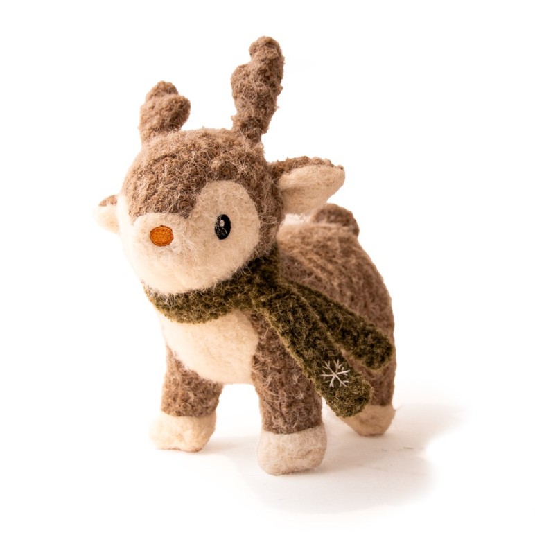 Great&Small Cosy Winter Wishes Reindeer plush dog toy with brown antlers, cream face and feet, and a green snowflake scarf