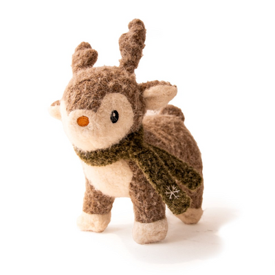 Great&Small Cosy Winter Wishes Reindeer plush dog toy with brown antlers, cream face and feet, and a green snowflake scarf