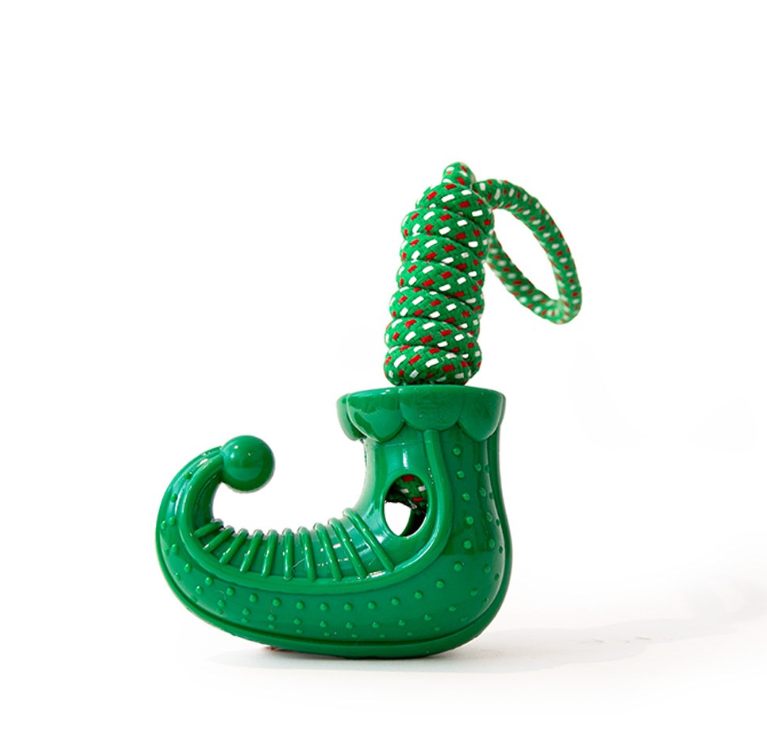 Great&Small Riley the Elf’s green TPR shoe dog toy with a curled toe and green, red and white rope loop