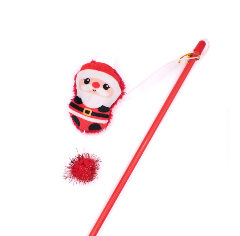 Great&Small Santa and Friends Santa Dangler cat toy with a red wand, Santa plush teaser and red sparkle pom-pom