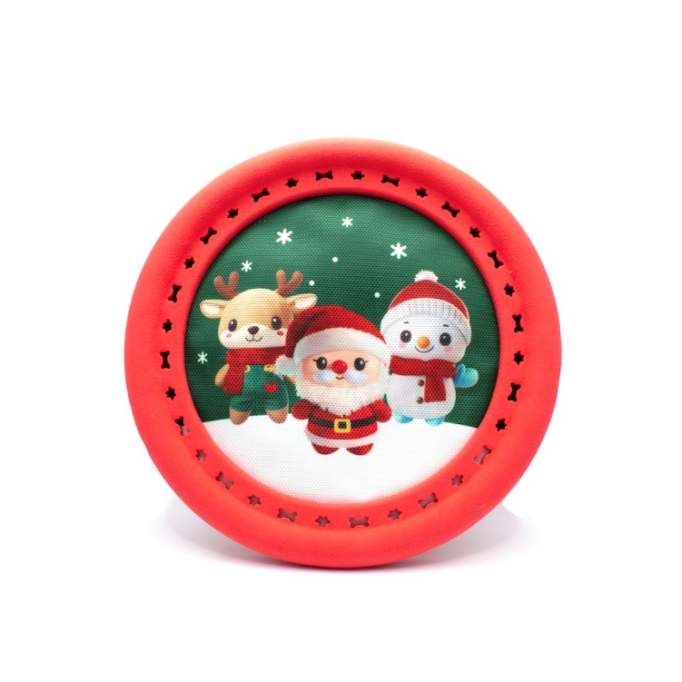 Great&Small Santa and Friends Frisbee dog toy with a red outer ring and green fabric centre printed with Santa, a reindeer and a snowman.