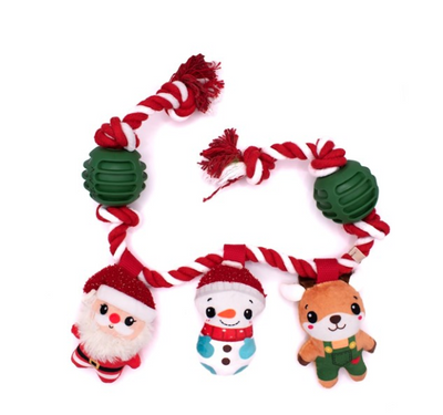 Great&Small Santa and Friends dog toy with red and white rope, two green textured balls and hanging Santa, snowman and reindeer characters