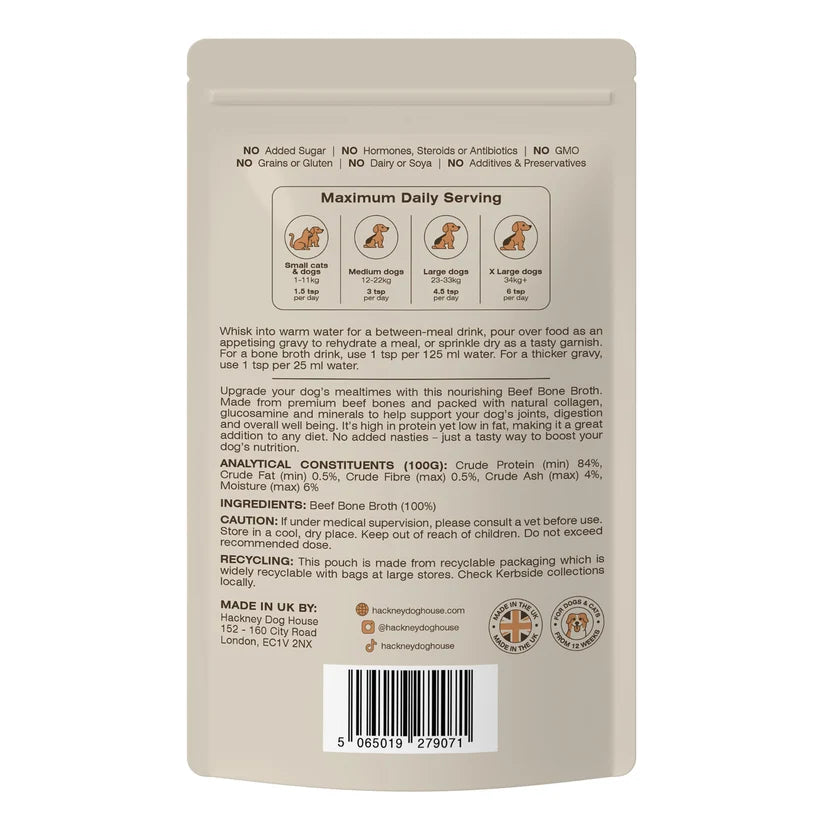 Hackney Dog House Beef Bone Broth Powder back pouch showing ingredients, analytical constituents, mixing directions and daily feeding guide