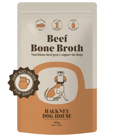 Hackney Dog House Beef Bone Broth Powder 180g front pouch, labelled as a gravy topper that makes seven pints