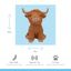 Happy Pet brown Highland Cow dog toy showing 36cm height, 21cm width and squeaker feature