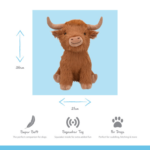 Happy Pet brown Highland Cow dog toy showing 36cm height, 21cm width and squeaker feature