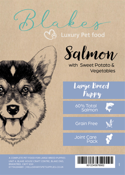 Large breed puppy dog food – Blake’s Grain Free Salmon recipe with omega 3, sweet potato, and vegetables for controlled growth and joint support.