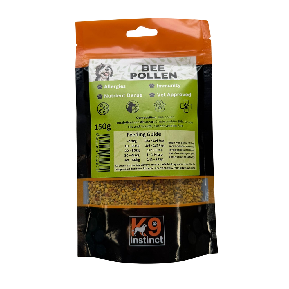 K9 Instinct Bee Pollen 150g pouch showing ingredients and dog feeding guide