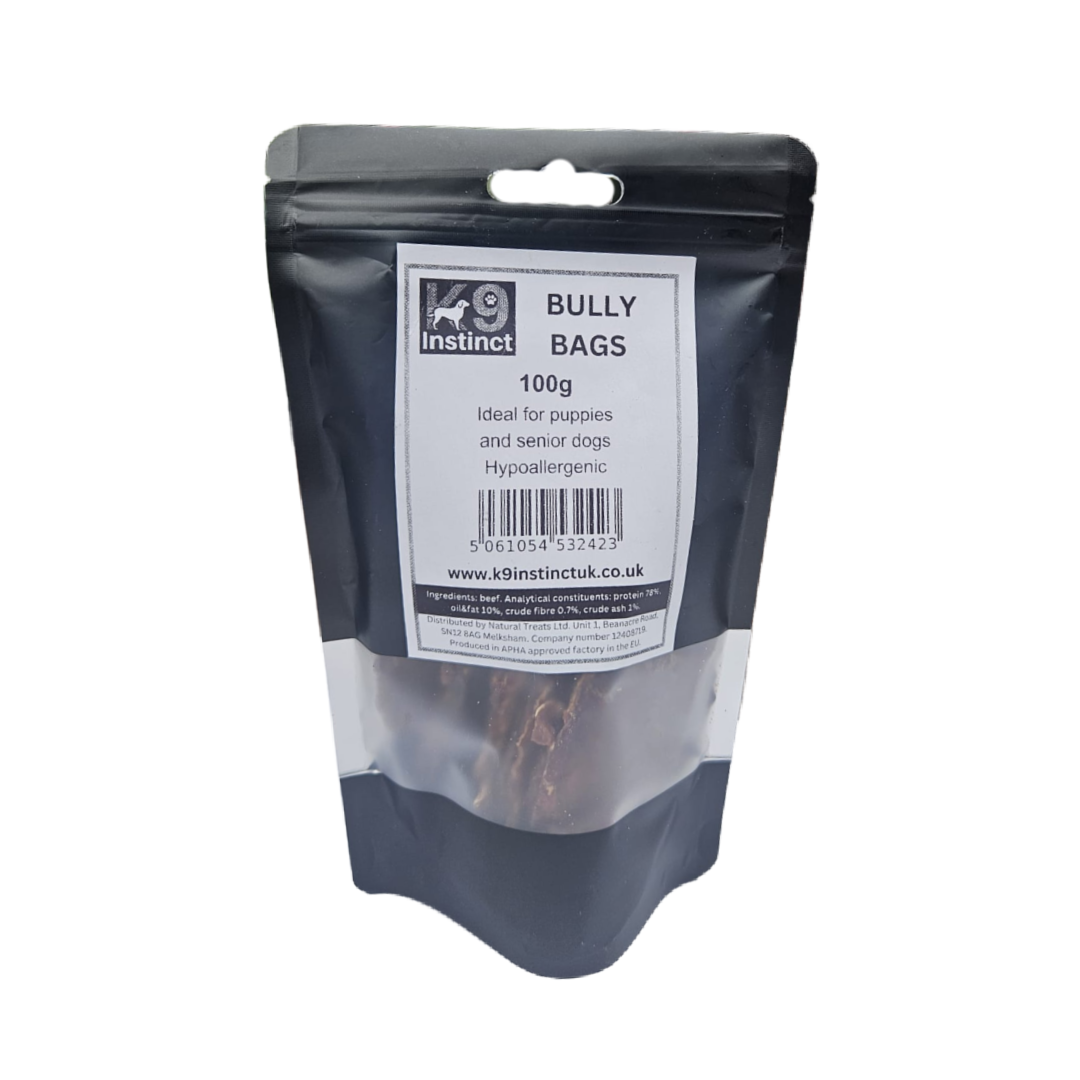 K9 Instinct Bully Bags 100g pouch of beef testicle dog treats