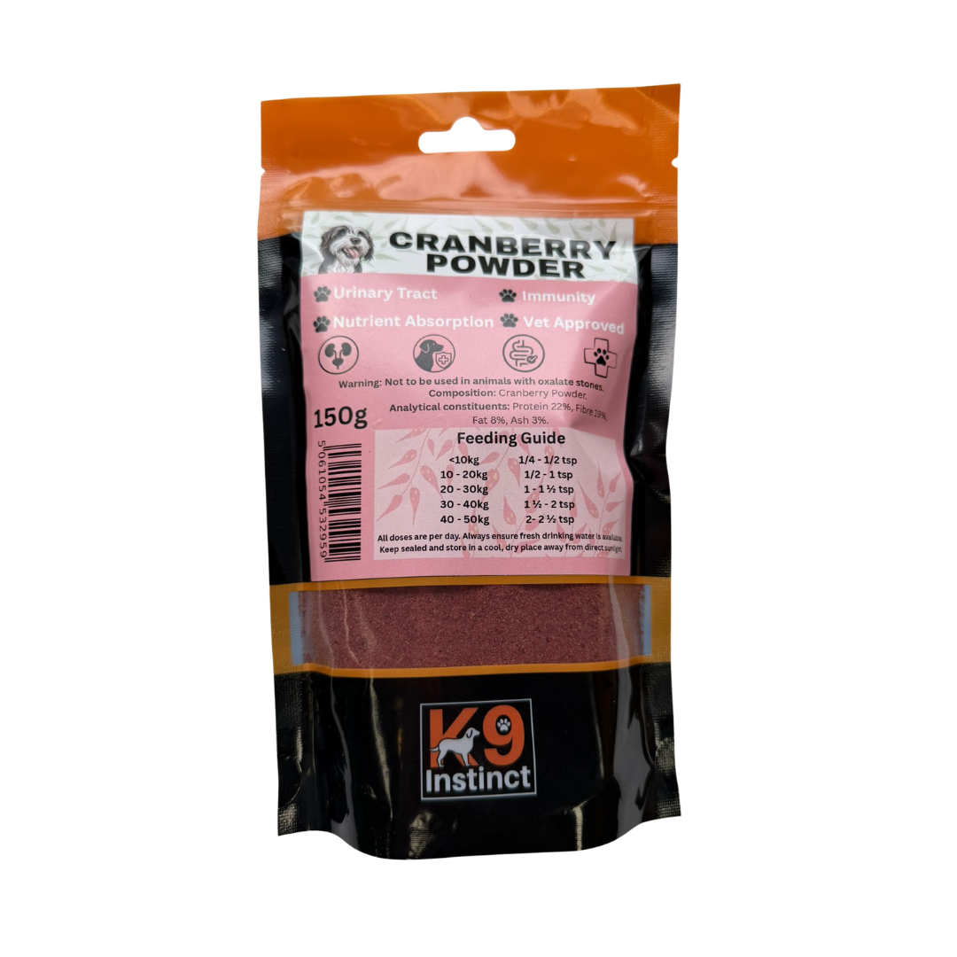 K9 Instinct Cranberry Powder 150g pouch showing feeding guide and oxalate stone warning
