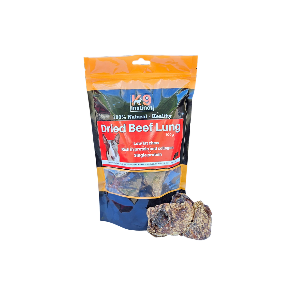 K9 Instinct Dried Beef Lung 100g pouch with natural beef lung dog treats