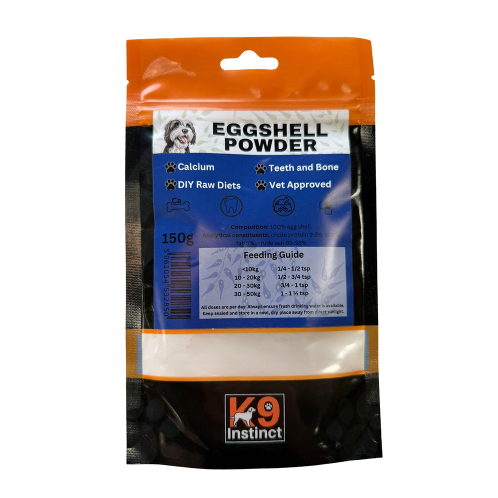 K9 Instinct Eggshell Powder 150g calcium supplement pouch with dog feeding guide