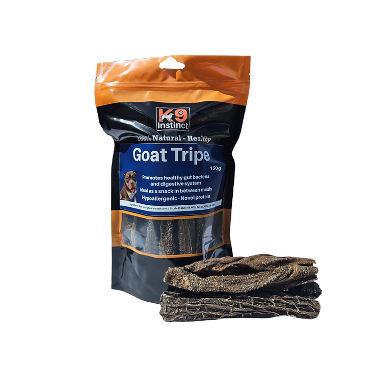 K9 Instinct Goat Tripe 150g pouch with dried goat tripe dog chews