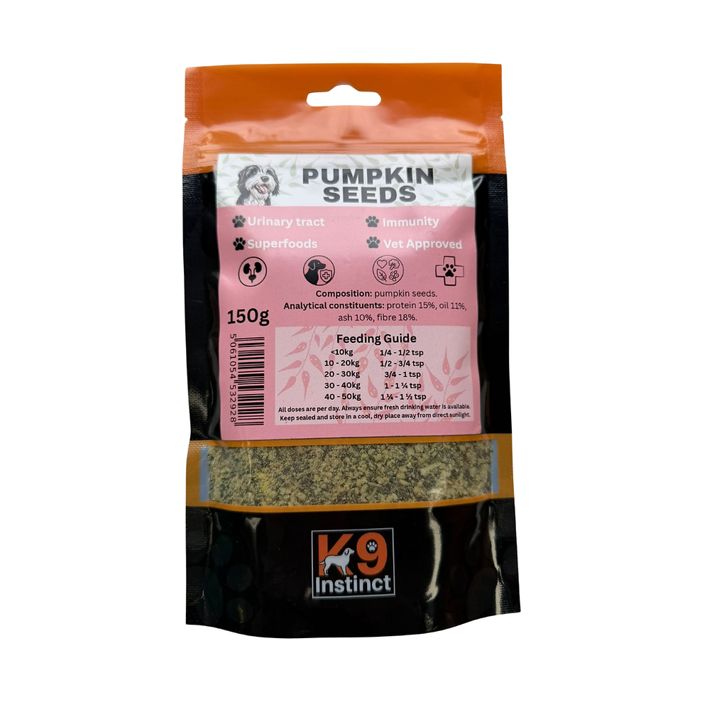 K9 Instinct Ground Pumpkin Seeds 150g pouch showing composition, nutrition and dog feeding guide