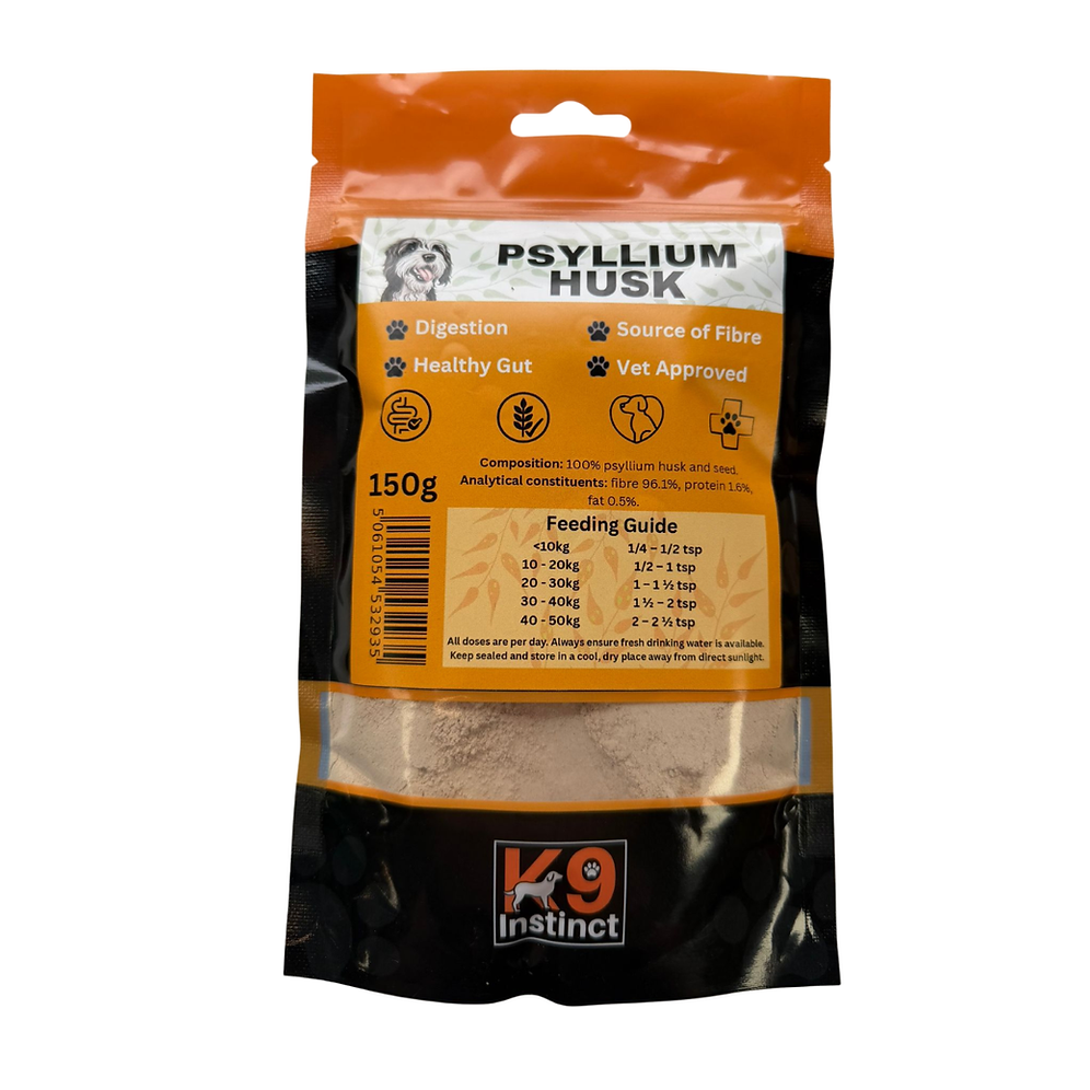 K9 Instinct Psyllium Husk 150g pouch showing composition and dog feeding guide