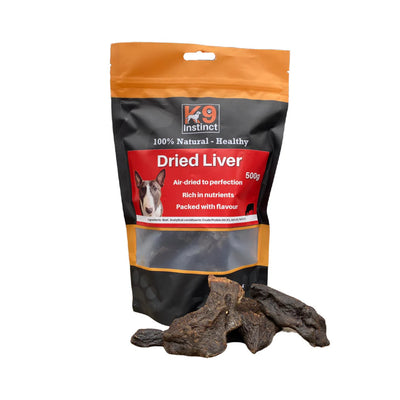 K9 Instinct dried liver dog treat package with two pieces of dried liver in front on a white background