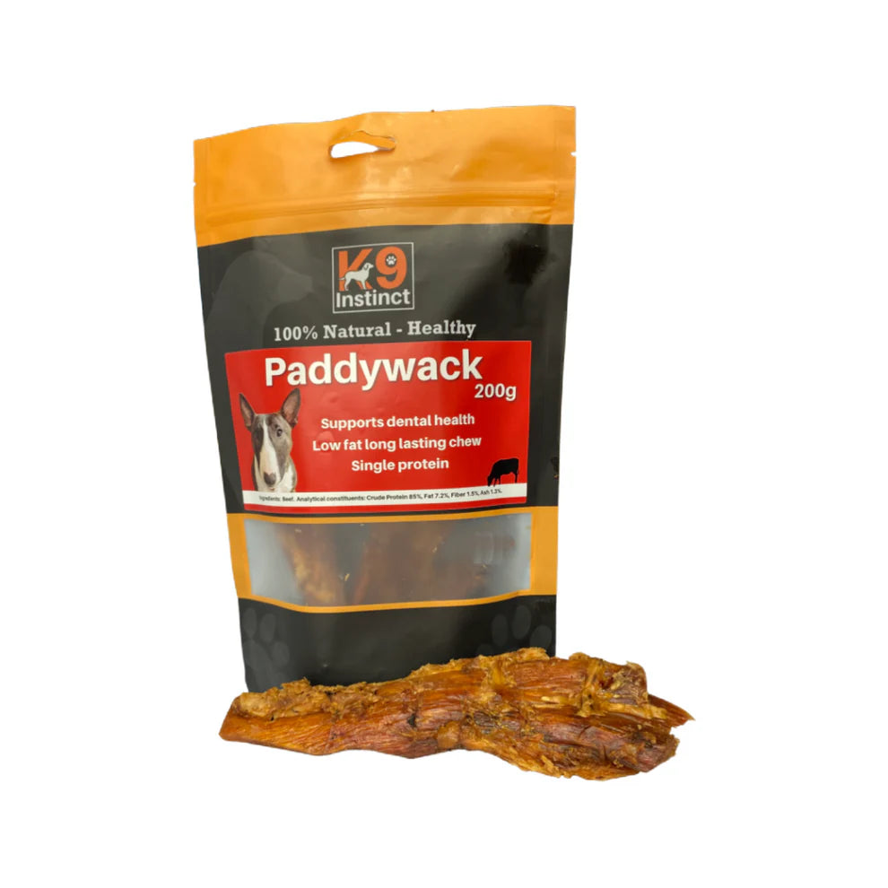 K9 Instinct Paddywack 200g – natural long-lasting beef tendon chew for dogs, rich in collagen and elastin, supports skin, coat, and dental health.